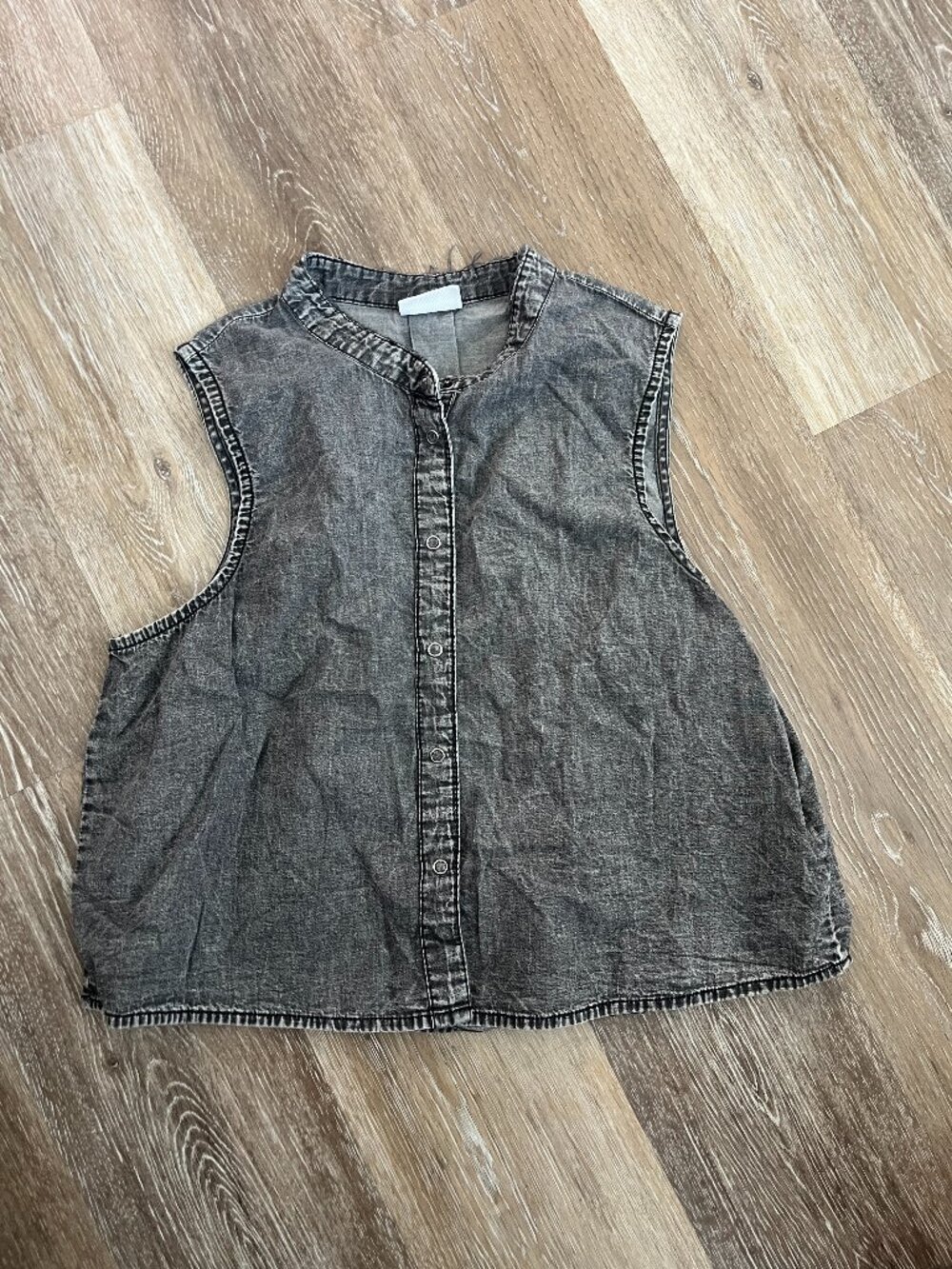 Acid Gray Distressed Denim Look Sleeveless Button Up Blouse